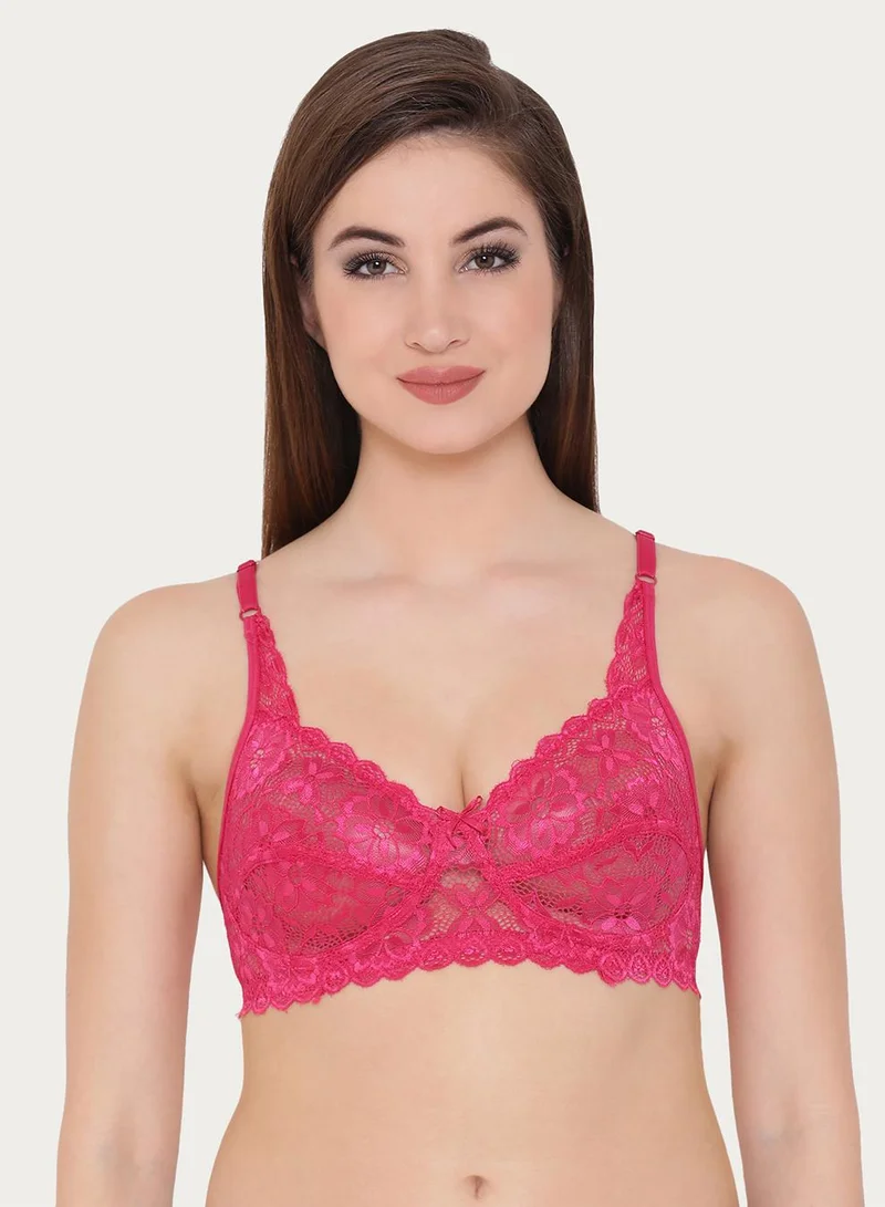 كلوفيا Non-Padded Non-Wired Full Coverage Bra in Hot Pink - Lace